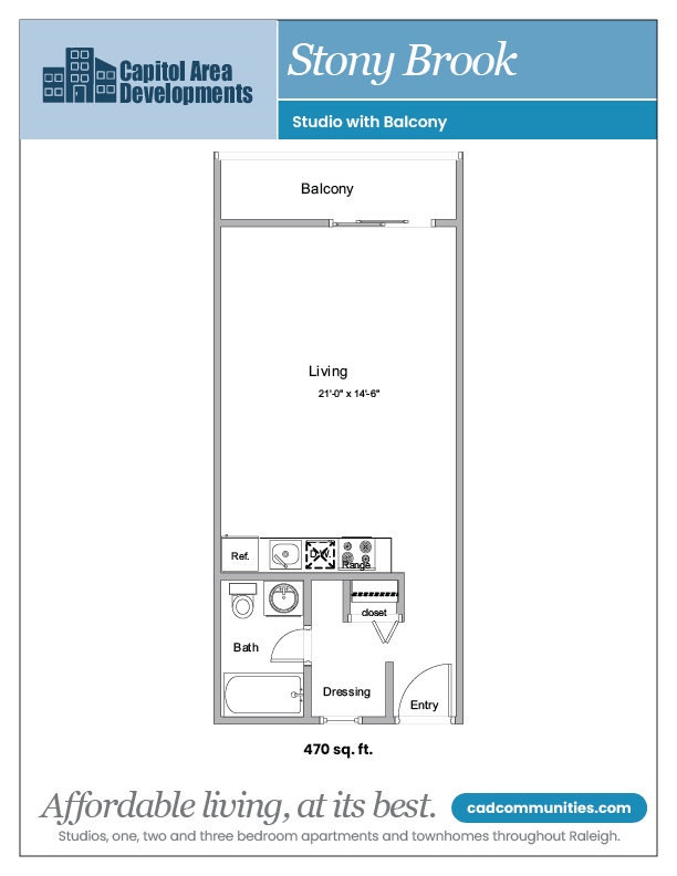 Floor plan for studio, 1 bath, 470 sqft